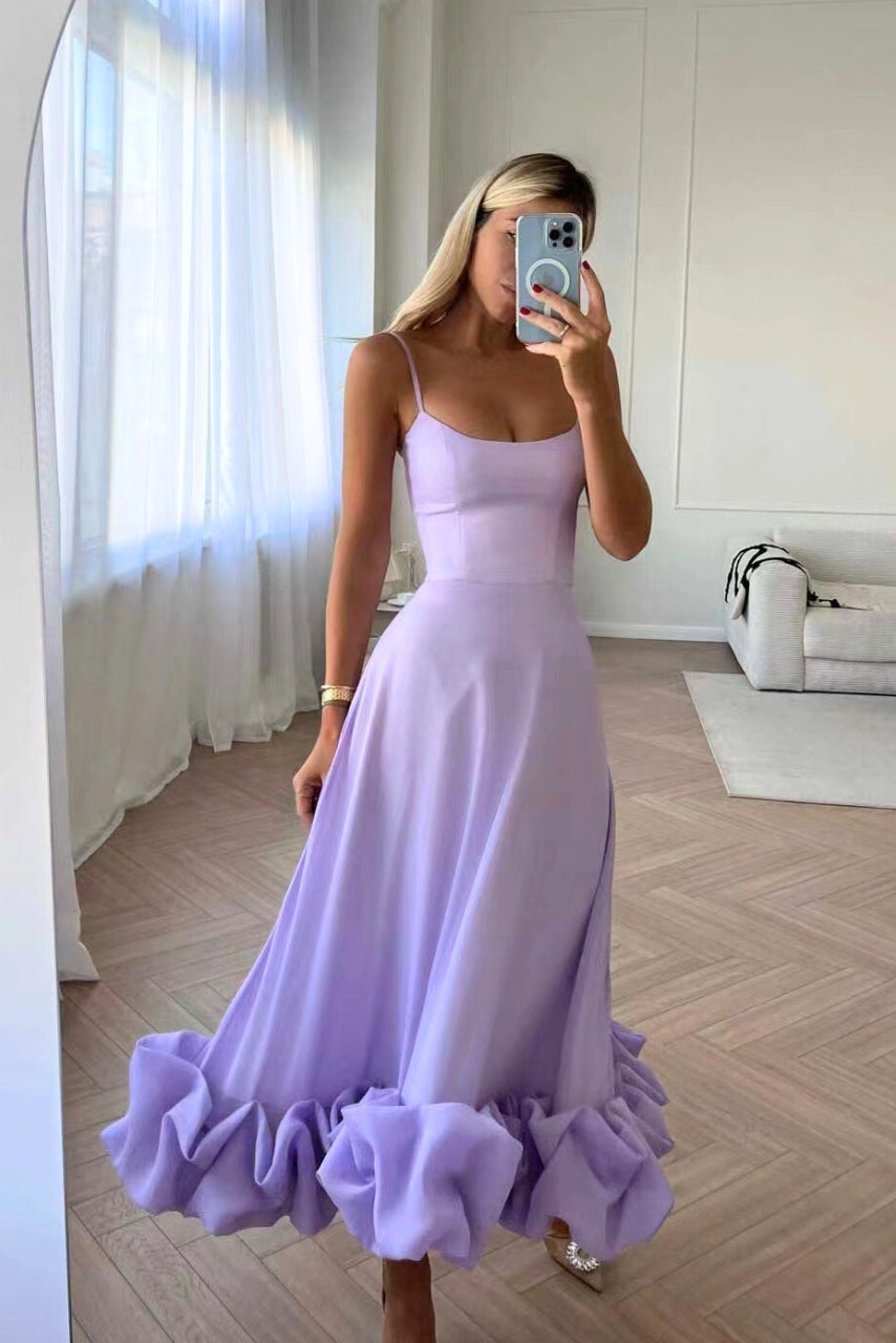 Ruffle-Hem Midi Dress | Spaghetti Straps & Fitted Bodice | Sky Blue Formal Look