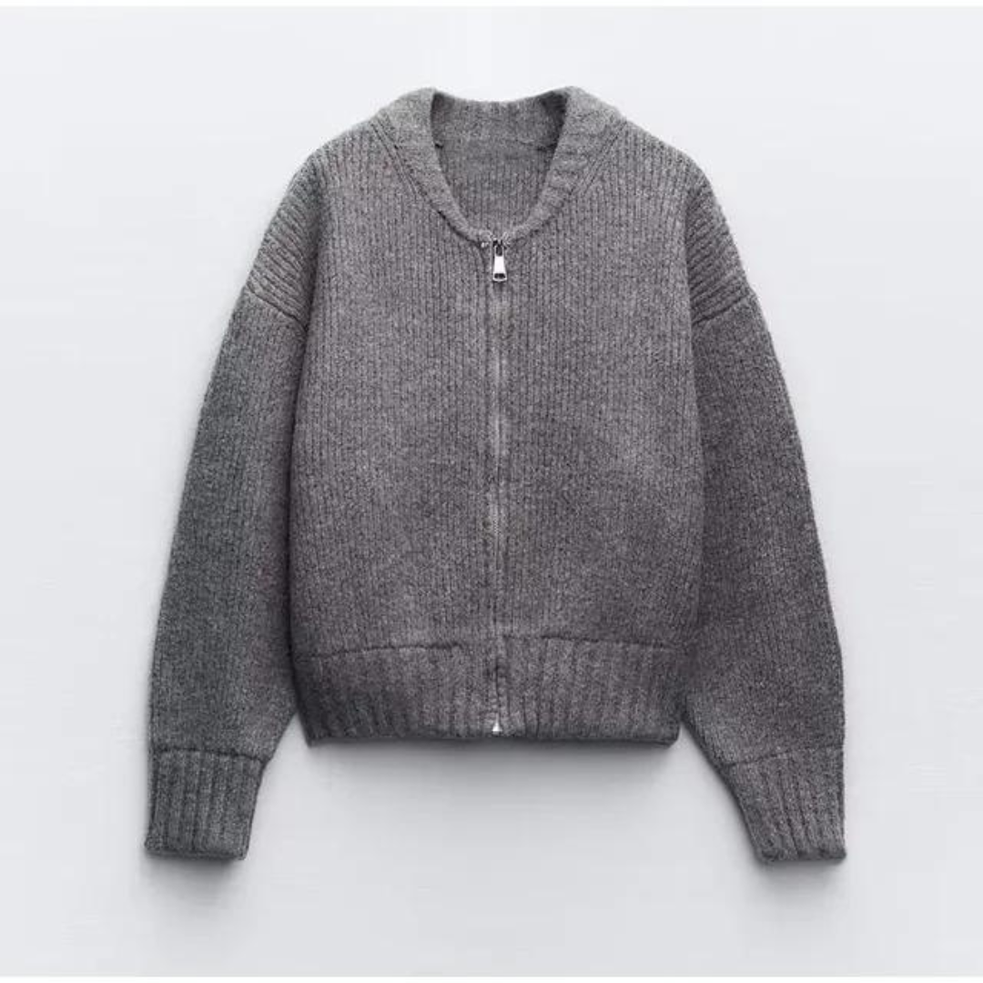 Zip-Up Knit Cardigan | Ribbed Texture | Cropped Lounge Sweater