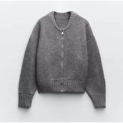 Zip-Up Knit Cardigan | Ribbed Texture | Cropped Lounge Sweater
