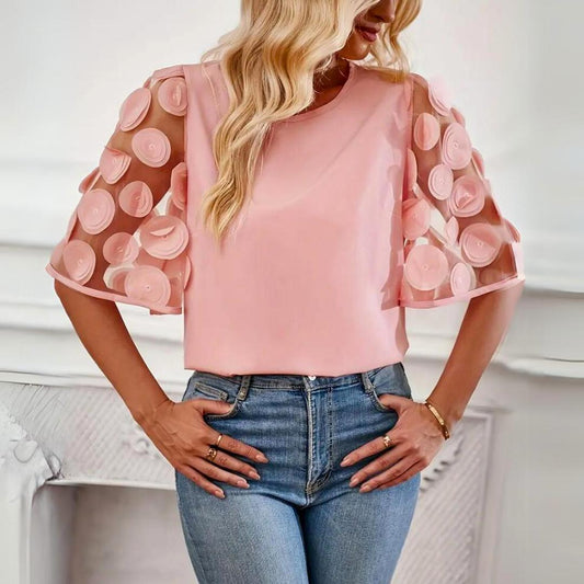 Statement Sleeve Mesh Dot Top | Lightweight Woven | Relaxed Fit