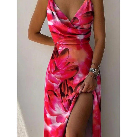 Cowl Neck Maxi Dress | Watercolour Print with Side Slit | Summer Spaghetti Strap Dress