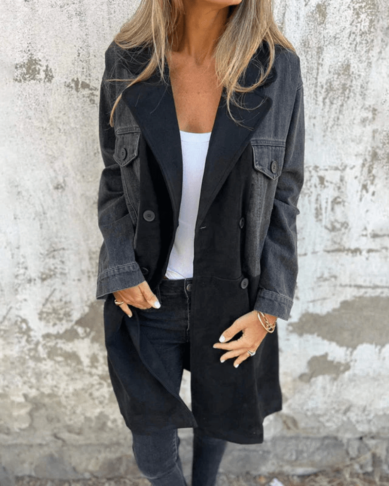 Mixed-Fabric Trench Coat | Denim and Suede-Look Contrast with Button Front
