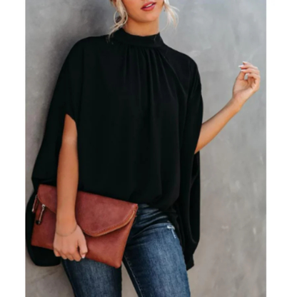 Women's High-Neck Printed Blouse | Loose Fit Cape Sleeve Top | Casual Statement Shirt