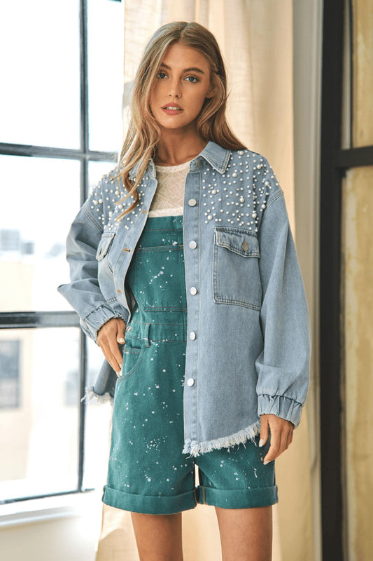 Women's Pearl-Embellished Oversized Denim Jacket | Chic & Trendy | Button-Up | Casual Year-Round Layer