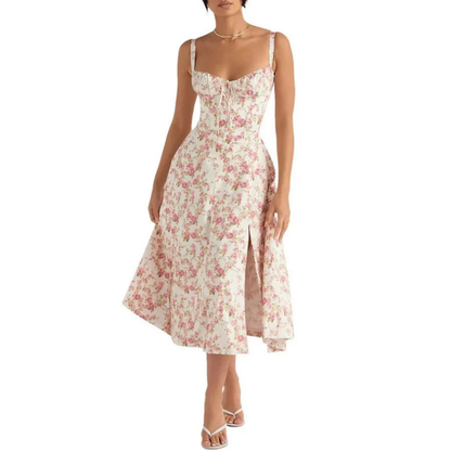 Floral Midi Sundress | Ruched Bodice & Side Slit | Adjustable Strap Fit-and-Flare