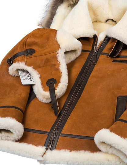 Premium Shearling Aviator Jacket | Genuine Leather | Plush Lining with Fur Trim Hood | Ultimate Winter Outerwear