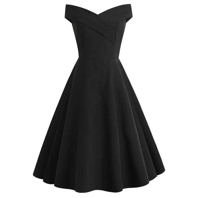 Off-Shoulder Fit and Flare Dress | Elegant V-Fold Neckline | Midi Formal Style