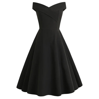 Off-Shoulder Fit and Flare Dress | Elegant V-Fold Neckline | Midi Formal Style