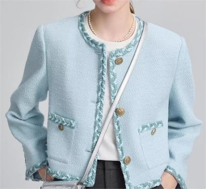 Women's Light Blue Tweed Jacket | Elegant & Sophisticated | Button-Up | Chic Office & Casual Wear