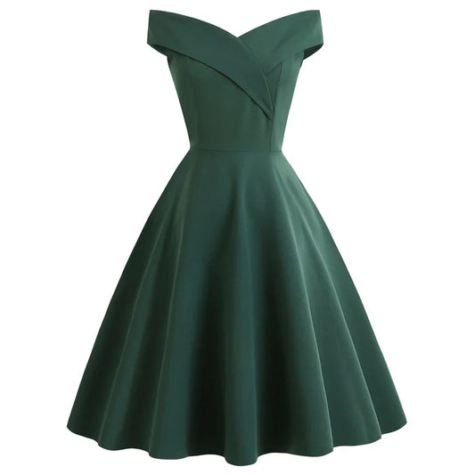 Off-Shoulder Fit and Flare Dress | Elegant V-Fold Neckline | Midi Formal Style