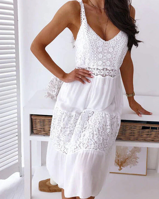 Lace Panel Midi Dress | Sleeveless Tiered Summer Dress | Lightweight Boho-Inspired Fit
