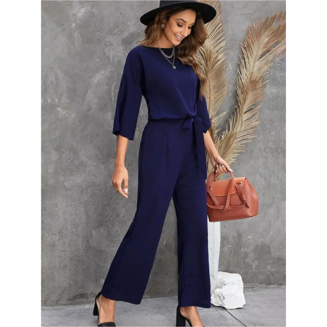 Wide-Leg Belted Jumpsuit | Cropped Sleeve | Modern One-Piece Style