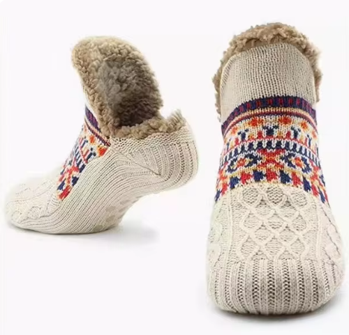 Knit Slipper Socks | Sherpa-Lined Indoor Booties | Fair Isle Pattern & Gripped Sole