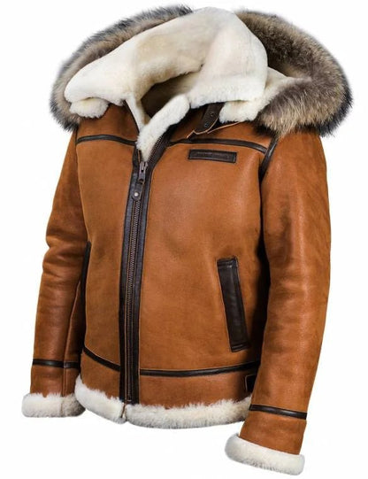 Premium Shearling Aviator Jacket | Genuine Leather | Plush Lining with Fur Trim Hood | Ultimate Winter Outerwear
