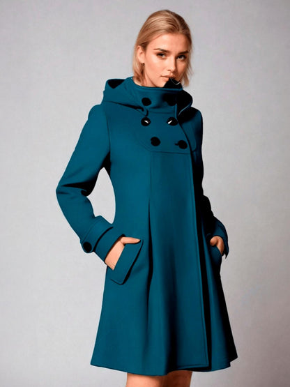 Fit-and-Flare Hooded Coat | Double-Breasted Front | Tailored Wool-Blend | Elegant Everyday Outerwear
