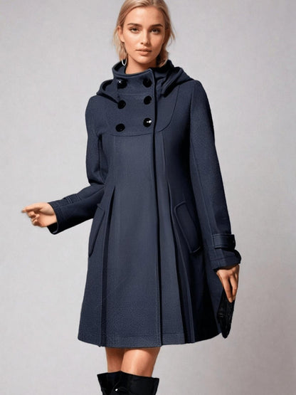 Fit-and-Flare Hooded Coat | Double-Breasted Front | Tailored Wool-Blend | Elegant Everyday Outerwear