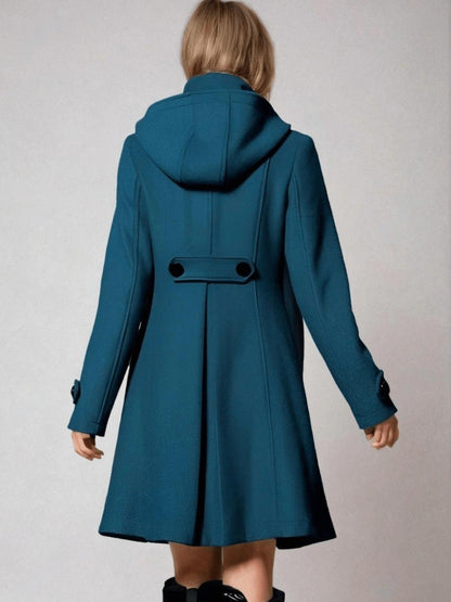 Fit-and-Flare Hooded Coat | Double-Breasted Front | Tailored Wool-Blend | Elegant Everyday Outerwear