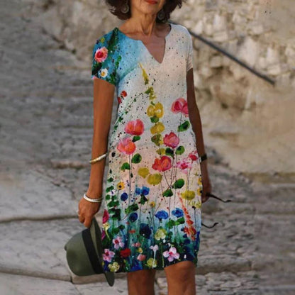 Women's Watercolour Floral Print Dress | Short Sleeve Casual Dress | Summer Travel Outfit