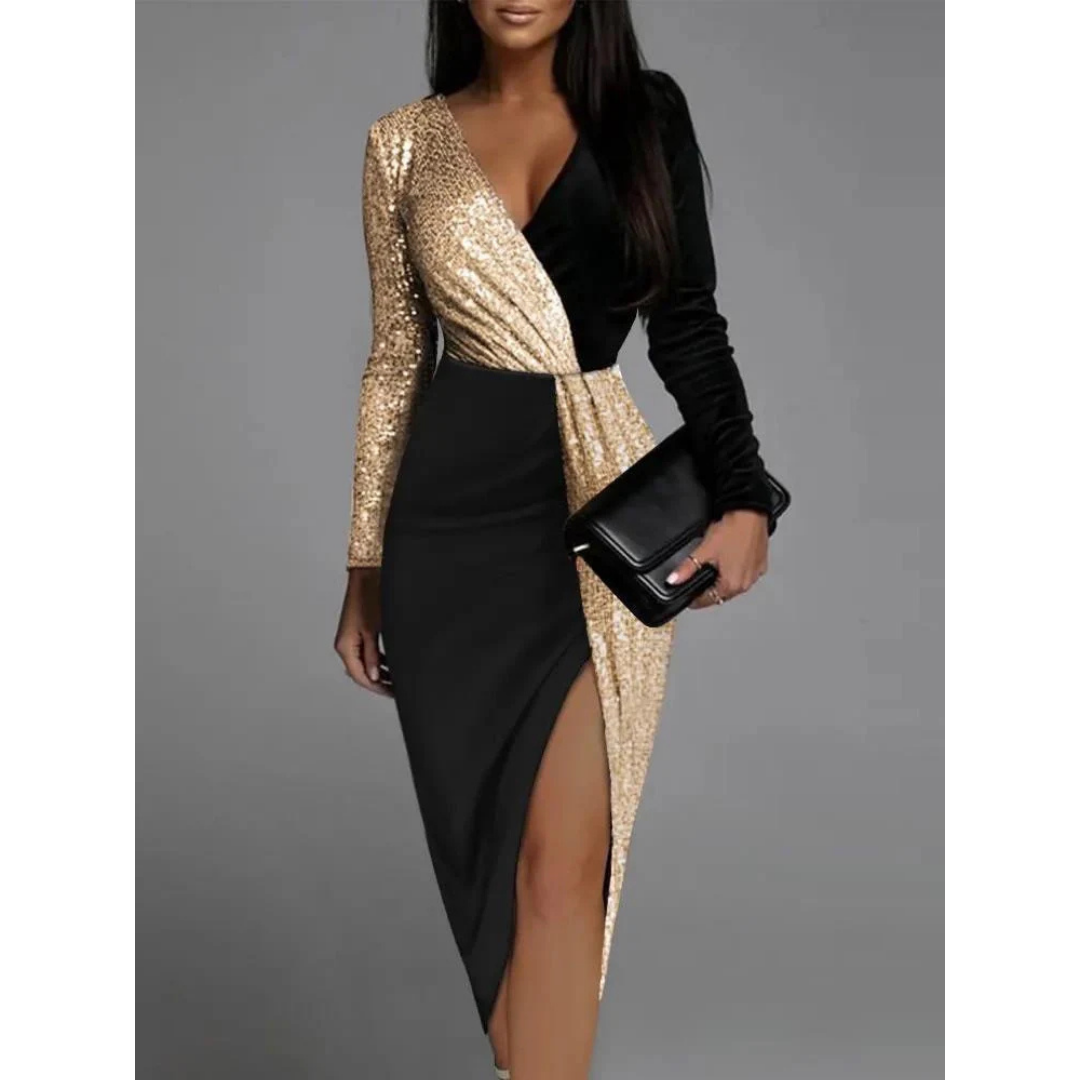 Sequin Wrap Midi Dress | Black & Gold | Long Sleeve Party Look