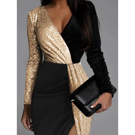 Sequin Wrap Midi Dress | Black & Gold | Long Sleeve Party Look