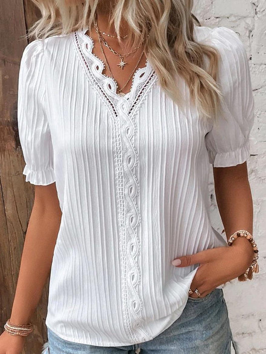 Pleated Button-Front Blouse | Lace Trim V-Neck | Short Puff Sleeve Top