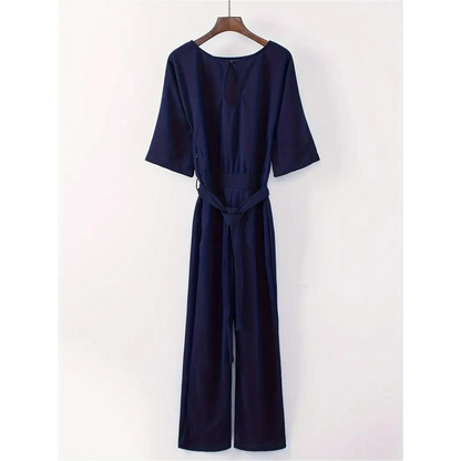 Wide-Leg Belted Jumpsuit | Cropped Sleeve | Modern One-Piece Style