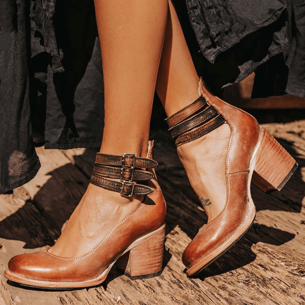 Vintage Block Heel Sandals | Triple-Strap Ankle Buckle with Stacked Heel