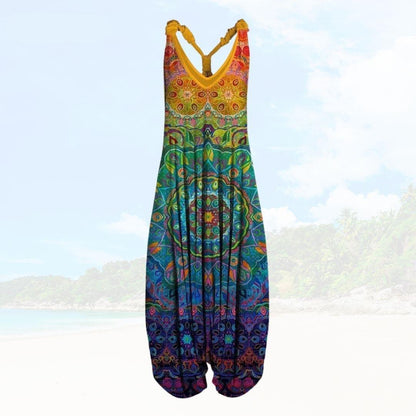 Boho Harem Jumpsuit | Sleeveless V-Neck | Relaxed Fit with Bold Prints