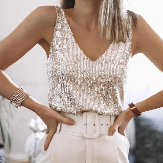 Sequin V-Neck Cami Top | Sleeveless Party Essential | Lightweight Glam Fit
