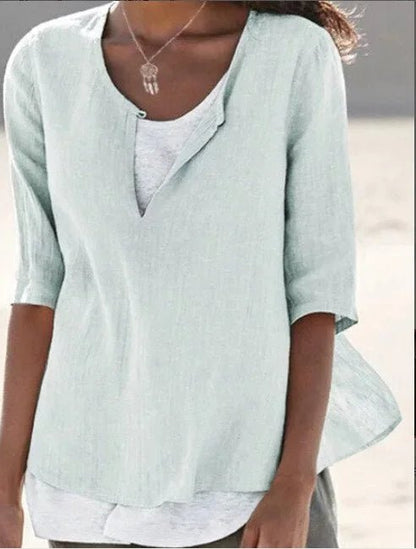 Layered Hem Linen Top | Notch Neckline | 3/4 Sleeve Relaxed Fit
