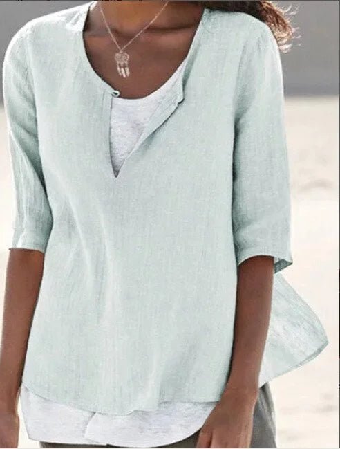 Layered Hem Linen Top | Notch Neckline | 3/4 Sleeve Relaxed Fit