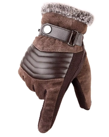 Men's Faux Leather Winter Gloves | Fleece-Lined | Buckle Strap & Quilted Detail
