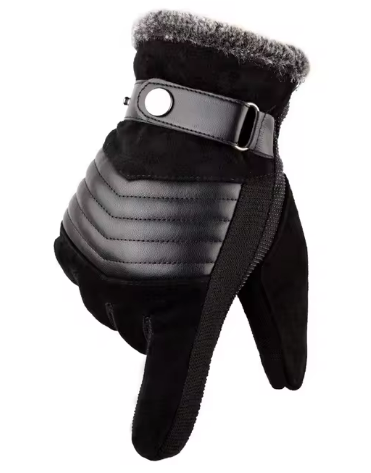 Men's Faux Leather Winter Gloves | Fleece-Lined | Buckle Strap & Quilted Detail