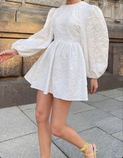 Elegant Textured Mini Dress | Balloon Sleeves & Open Back | Feminine Style