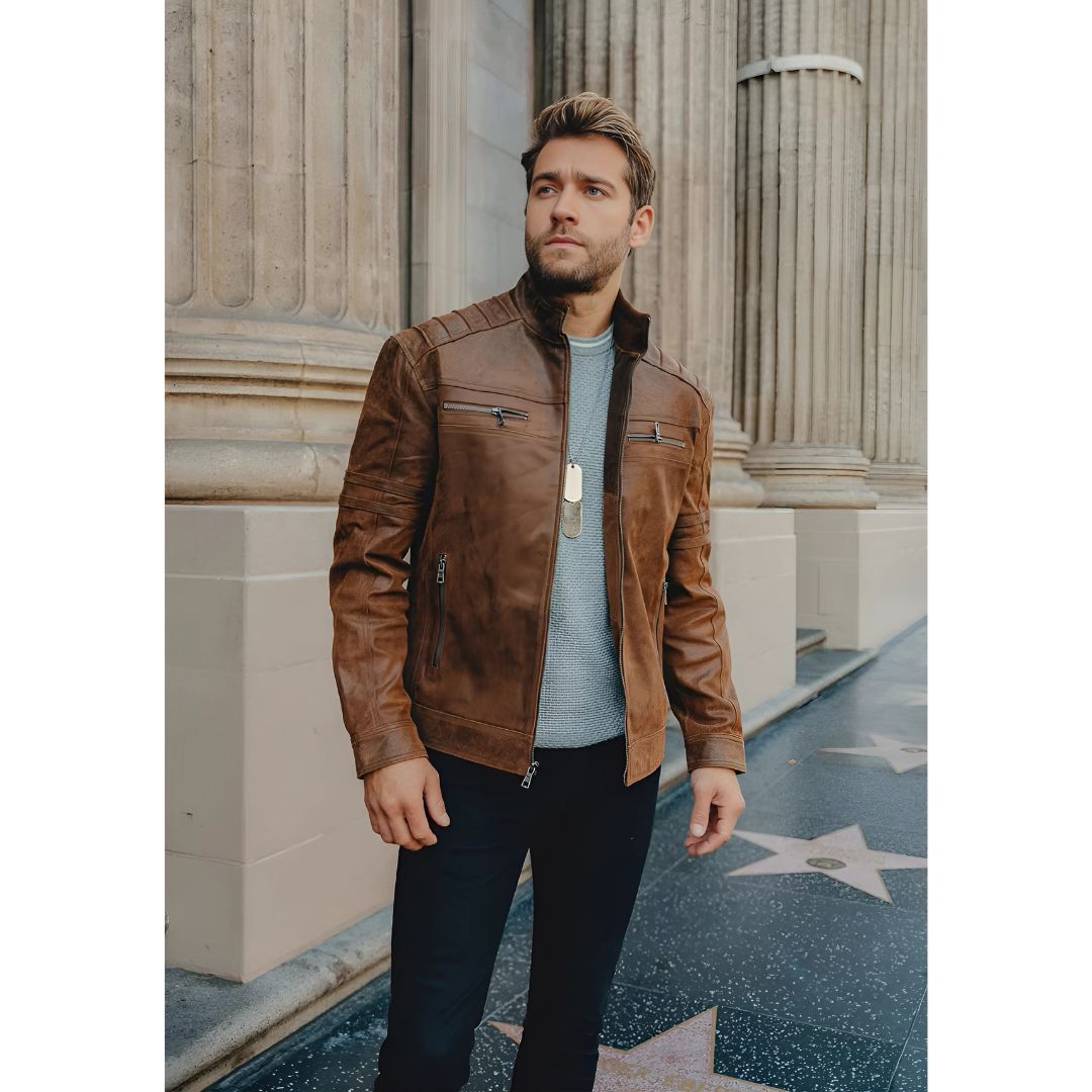 Men's Faux Leather Moto Jacket | Zip Pockets | Lightweight Fall Outerwear