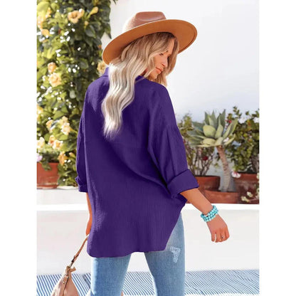 Textured Button-Up Shirt | Relaxed Fit with Chest Pocket | Lightweight Casual Blouse