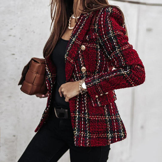 Tweed Plaid Blazer | Gold Button Detail with Tailored Fit | Statement Fall Jacket