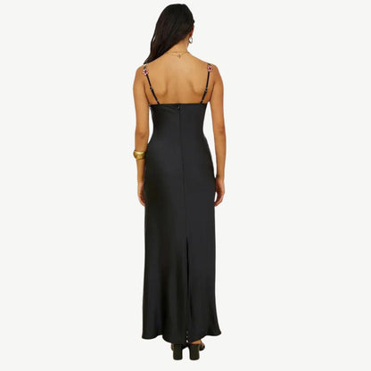 Satin Slip Dress | Floral Appliqué Straps | Elegant Spring Occasionwear