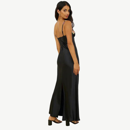 Satin Slip Dress | Floral Appliqué Straps | Elegant Spring Occasionwear