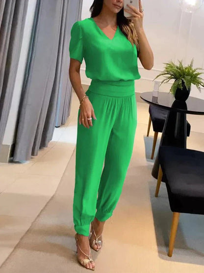 Two-Piece V-Neck Lounge Set | Short Sleeve Top & Jogger Pant | Soft Drape Fit