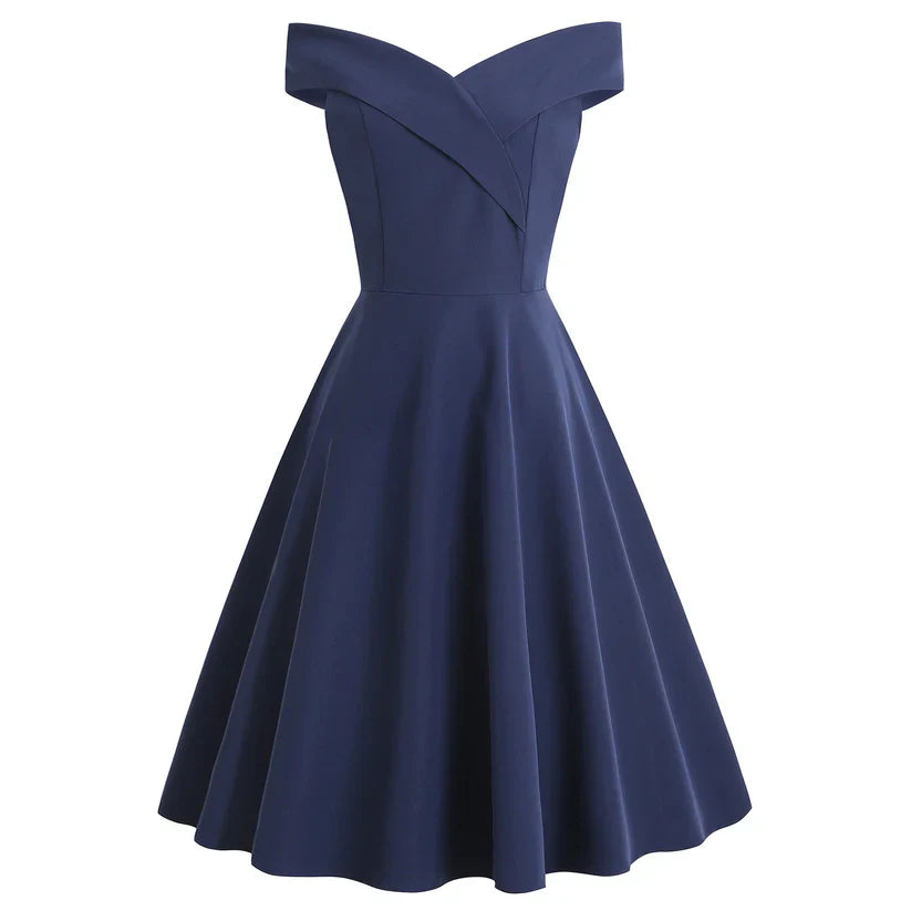 Off-Shoulder Fit and Flare Dress | Elegant V-Fold Neckline | Midi Formal Style