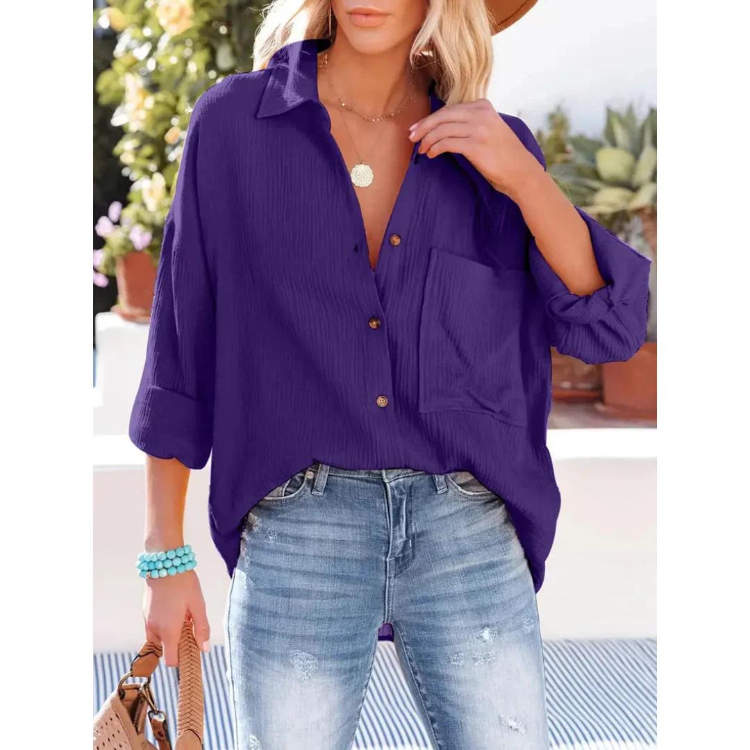 Textured Button-Up Shirt | Relaxed Fit with Chest Pocket | Lightweight Casual Blouse