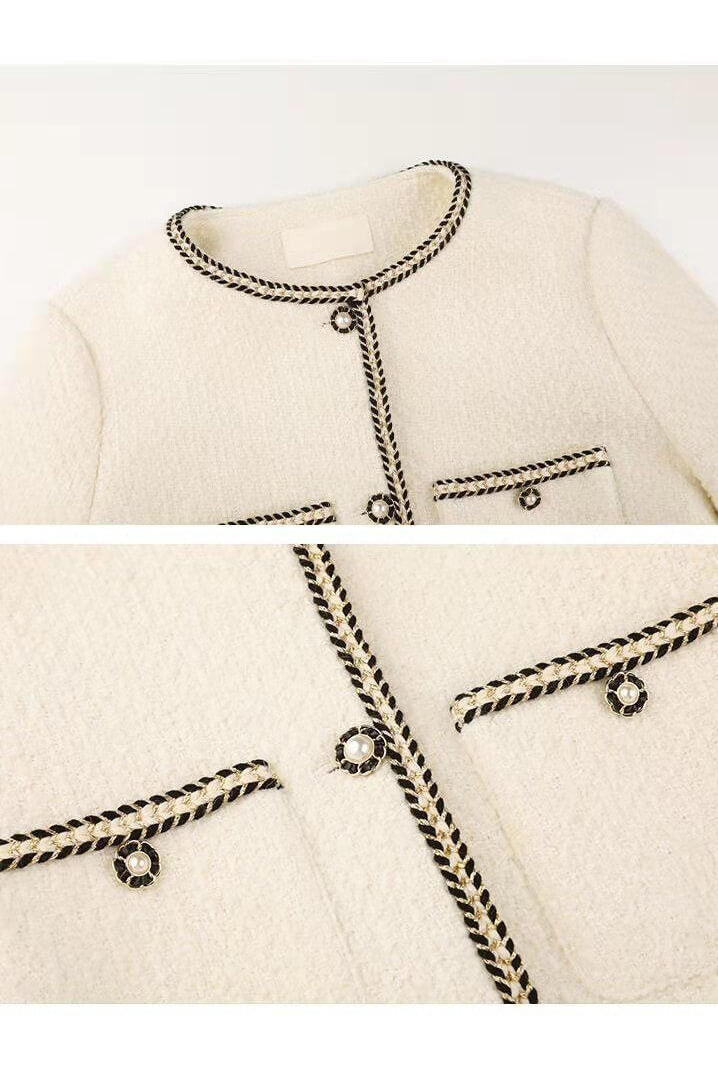 Chic Bouclé Jacket | Gold-Trimmed Details | Wool Blend | Sophisticated Layering Piece