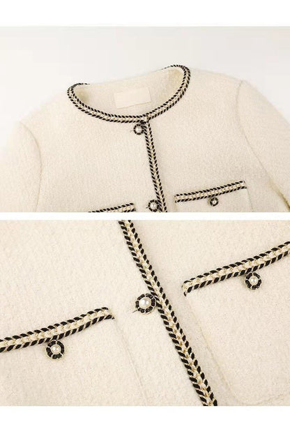 Chic Bouclé Jacket | Gold-Trimmed Details | Wool Blend | Sophisticated Layering Piece