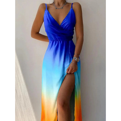 Cowl Neck Maxi Dress | Watercolour Print with Side Slit | Summer Spaghetti Strap Dress