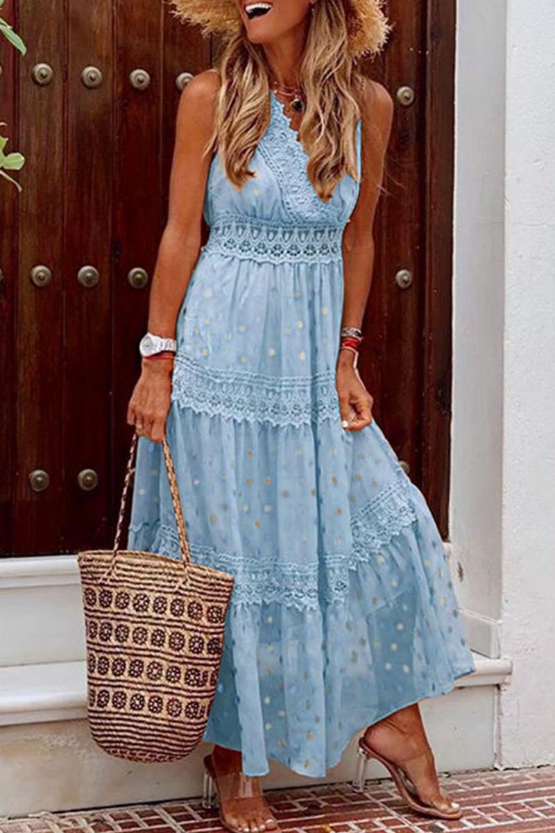 Boho Polka Dot Maxi Dress | Lace Trim | Sleeveless Summer Style