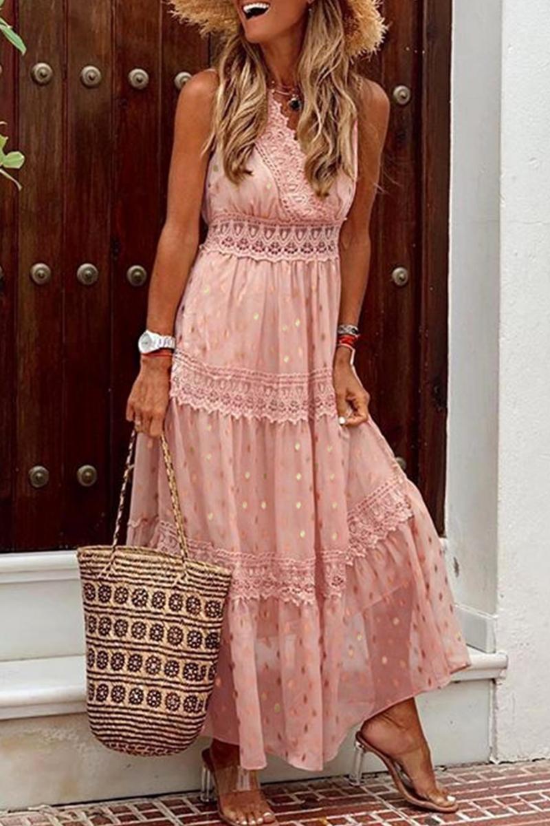 Boho Polka Dot Maxi Dress | Lace Trim | Sleeveless Summer Style