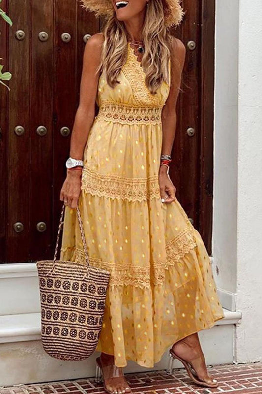 Boho Polka Dot Maxi Dress | Lace Trim | Sleeveless Summer Style