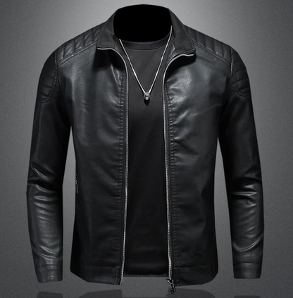 Men’s Slim Fit Moto Jacket | Blue Faux Leather with Zip Detail