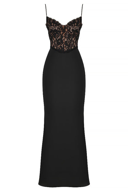 Lace-Detail Maxi Gown | Sleek Fit | Spaghetti Straps | Black